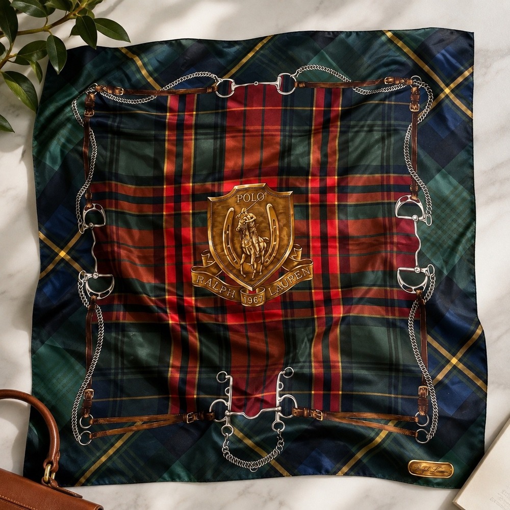 Polo Ralph Lauren Equestrian Tartan Plaid Silk Square Scarf Horse Bit Crest 34"